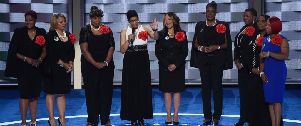 Mothers of the Movement (L-R: Maria Hamilton, Annette Nance-Holt, Gwen Carr, Geneva Reed-Veal, Lucia McBath, Sybrina Fulton, Cleopatra Pendleton-Cowley, Wanda Johnson, Lezley McSpadden)